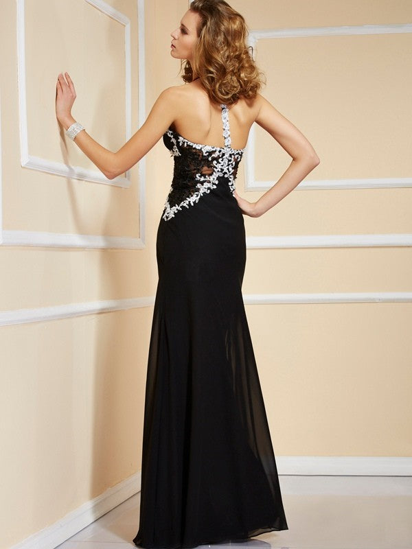 Abiti lunghi in chiffon con spalline sottili, senza maniche, applicazioni e perline