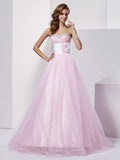 Blushing Pink A-Line Floor-Length Evening Dress with Beaded Bodice, Floral Waistband & Multi-layered Tulle Skirt