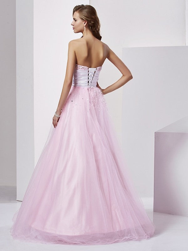 Blushing Pink A-Line Floor-Length Evening Dress with Beaded Bodice, Floral Waistband & Multi-layered Tulle Skirt