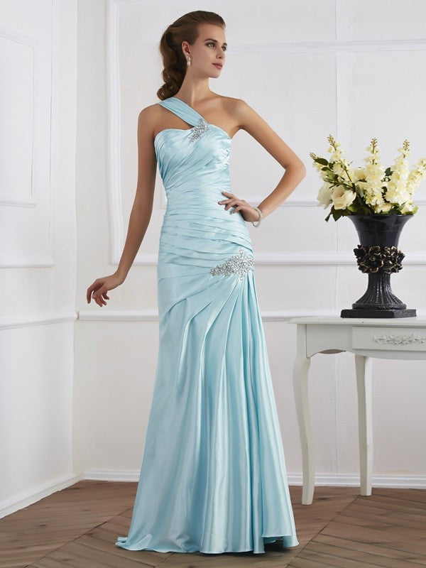 Trumpet/Mermaid One-Shoulder Sleeveless Ruched Long  Woven Satin Dresses