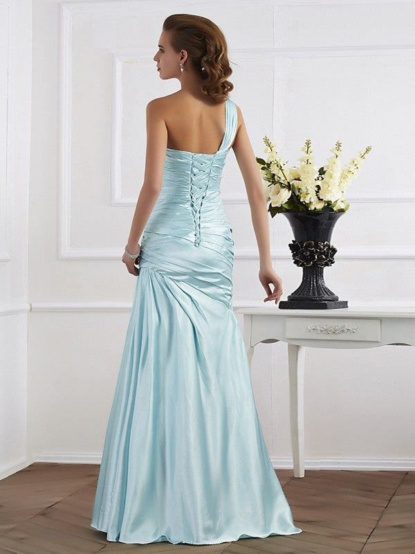 Trumpet/Mermaid One-Shoulder Sleeveless Ruched Long  Woven Satin Dresses