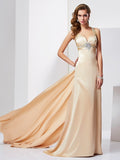Champagne Satin Halter A-Line Floor-Length Gown with Embellished Bodice