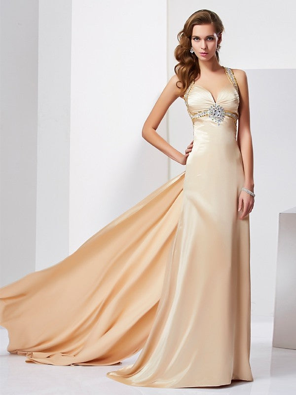 Champagne Satin Halter A-Line Floor-Length Gown with Embellished Bodice