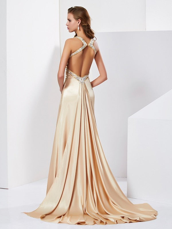 Champagne Satin Halter A-Line Floor-Length Gown with Embellished Bodice