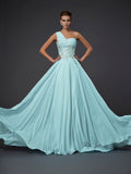 Sky Blue Chiffon A-Line One Shoulder Floor-Length Evening Dress with Beaded Bodice