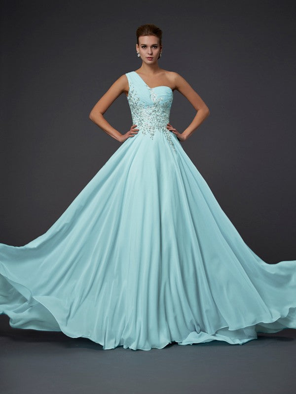 Sky Blue Chiffon A-Line One Shoulder Floor-Length Evening Dress with Beaded Bodice