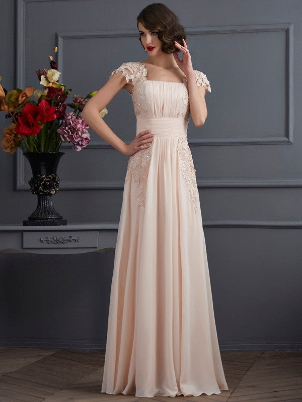 Blushing Pink Chiffon A-Line Floor-Length Dress with Square Neck & Lace Cap Sleeves