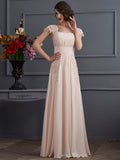 Blushing Pink Chiffon A-Line Floor-Length Dress with Square Neck & Lace Cap Sleeves