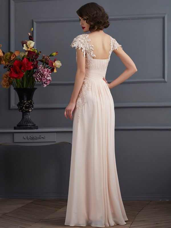 Blushing Pink Chiffon A-Line Floor-Length Dress with Square Neck & Lace Cap Sleeves