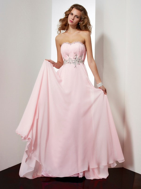 Blushing Pink Chiffon Sweetheart A-Line Floor-Length Gown with Beaded Waist