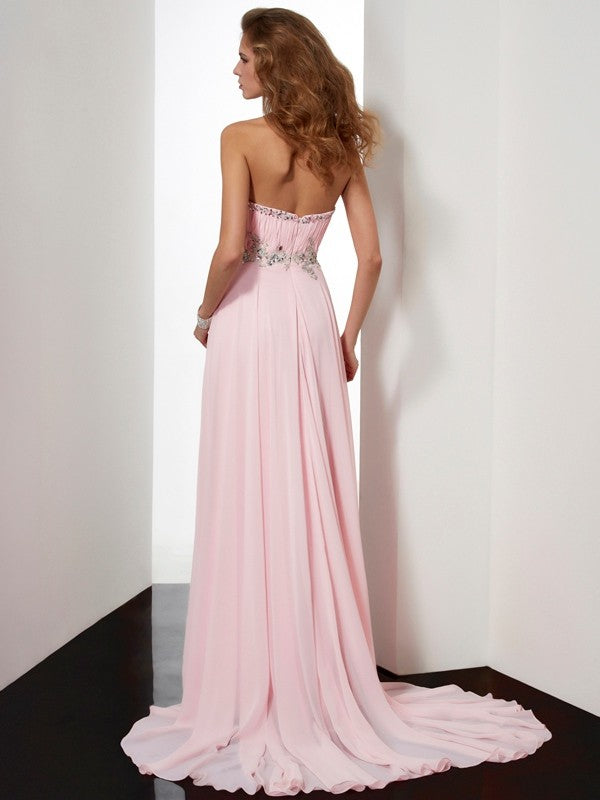 Blushing Pink Chiffon Sweetheart A-Line Floor-Length Gown with Beaded Waist