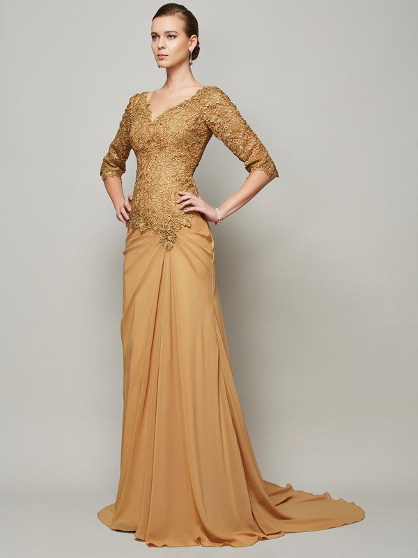 Gold Lace and Chiffon A-Line Floor-Length Evening Dress with V-Neck