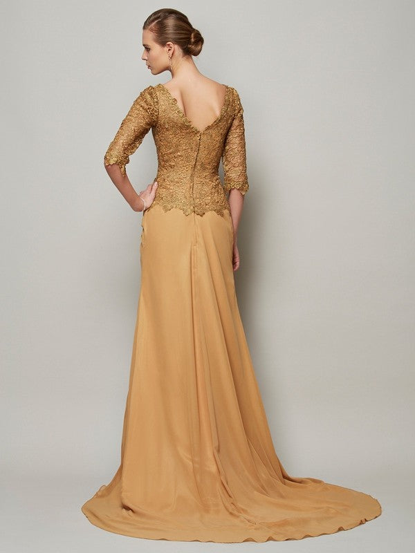 Gold Lace and Chiffon A-Line Floor-Length Evening Dress with V-Neck