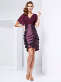 Burgundy A-Line Short Evening Dress with V-Neck