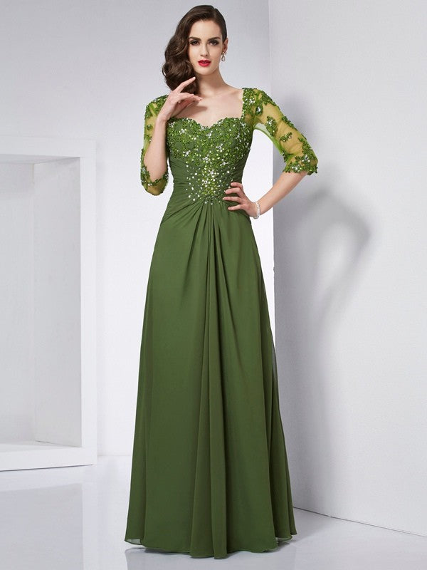 Olive Green Chiffon A-Line Floor-Length Bridesmaid Dress with Embellished Bodice