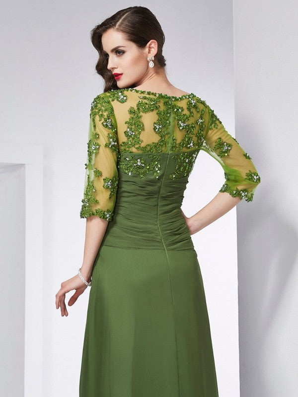 Vestidos largos de gasa con escote corazón, corte princesa, mangas 3/4 y abalorios