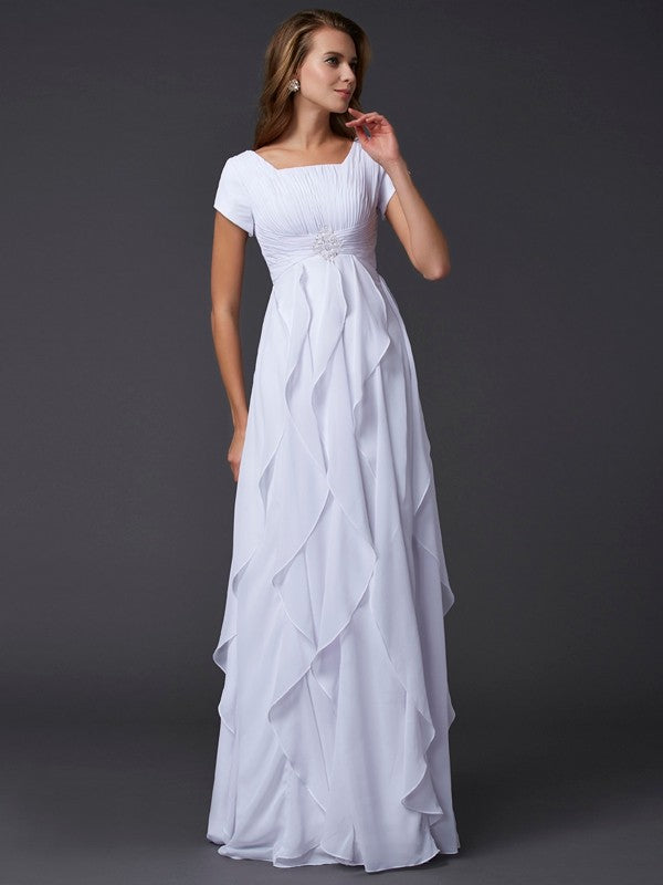 White Chiffon A-Line Floor-Length Bridesmaid Dress with Square Neck & Pleated Bodice