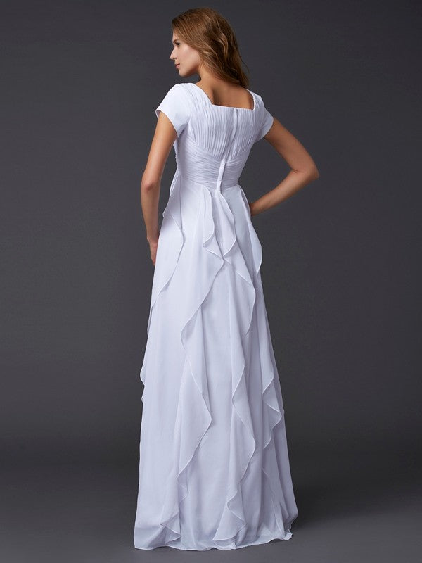 White Chiffon A-Line Floor-Length Bridesmaid Dress with Square Neck & Pleated Bodice