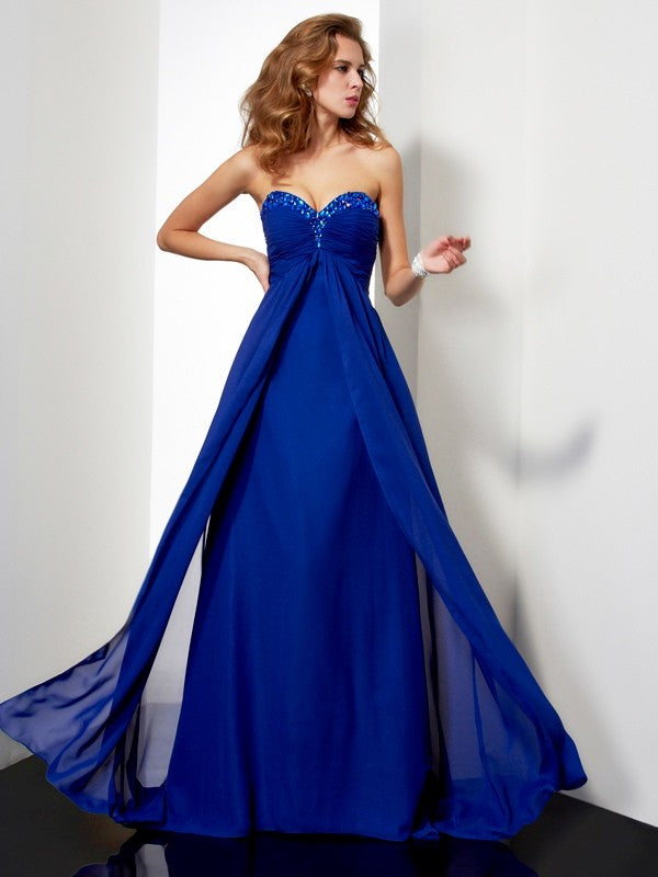 Royal Blue Chiffon Sweetheart A-Line Floor-Length Prom Dress with Beaded Bodice