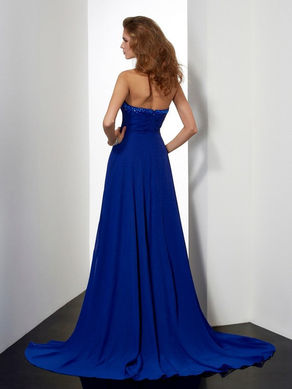 Royal Blue Chiffon Sweetheart A-Line Floor-Length Prom Dress with Beaded Bodice
