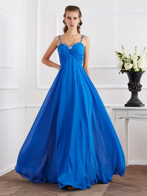 Abiti lunghi in chiffon con spalline sottili, senza maniche, perline e applicazioni, stile A/Principessa