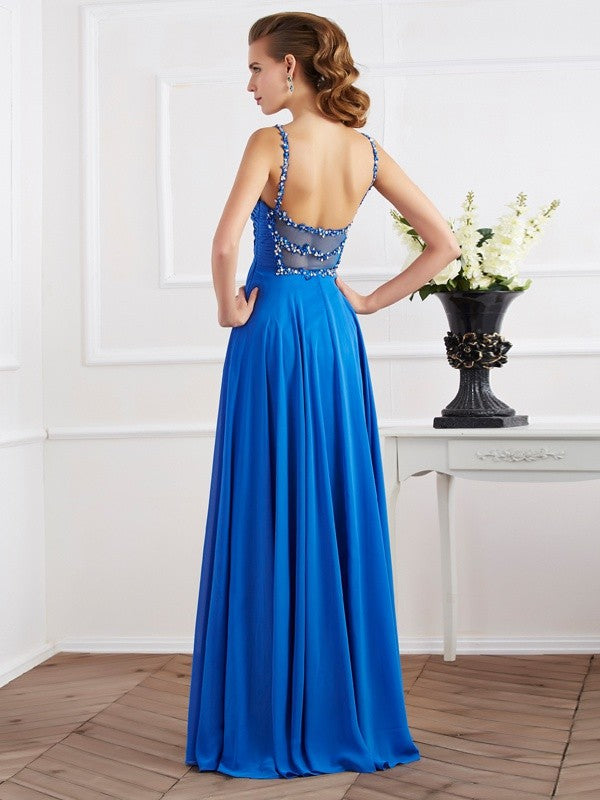 Blue Chiffon A-Line Floor-Length Sweetheart Dress with Ruched Bodice