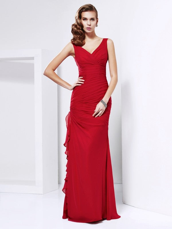 Red Chiffon A-Line V-Neck Floor-Length Dress with Ruched Bodice & Cascading Ruffle