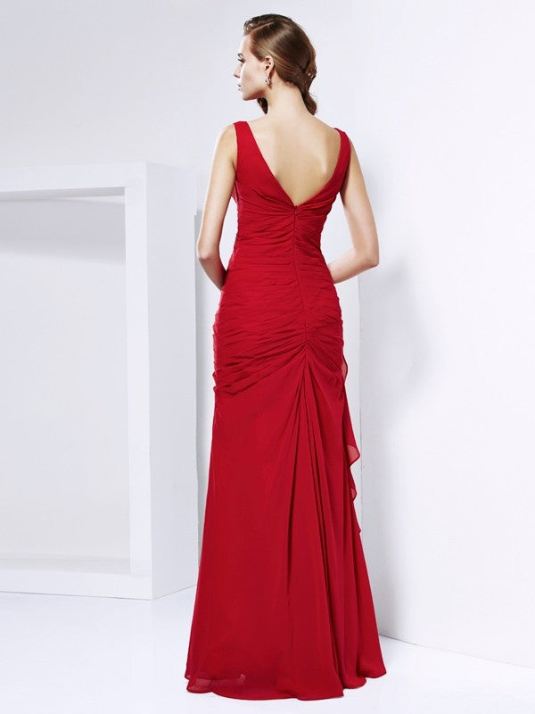 Red Chiffon A-Line V-Neck Floor-Length Dress with Ruched Bodice & Cascading Ruffle