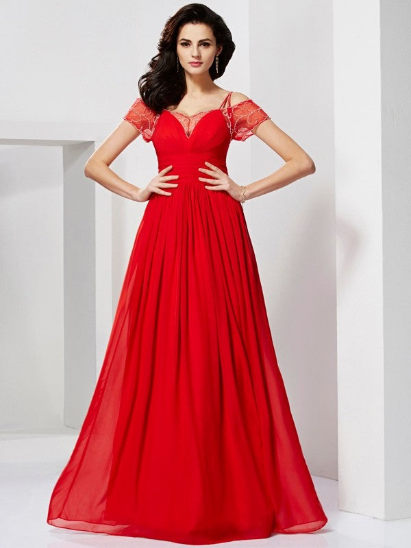 Vestidos largos de gasa con corte A/princesa, tirantes finos, mangas cortas y volantes
