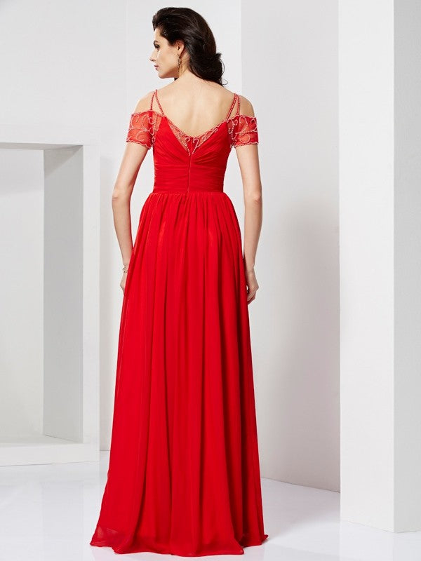 Vestidos largos de gasa con corte A/princesa, tirantes finos, mangas cortas y volantes