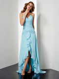 Sky Blue Chiffon A-Line Asymmetrical Halter Neckline Dress with Ruched Bodice