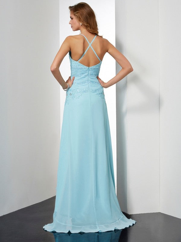 Sky Blue Chiffon A-Line Asymmetrical Halter Neckline Dress with Ruched Bodice