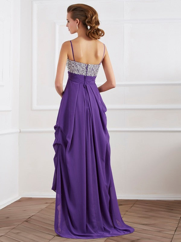 Vestidos de gasa de corte A/princesa, tirantes finos, sin mangas, con volantes y corte alto bajo