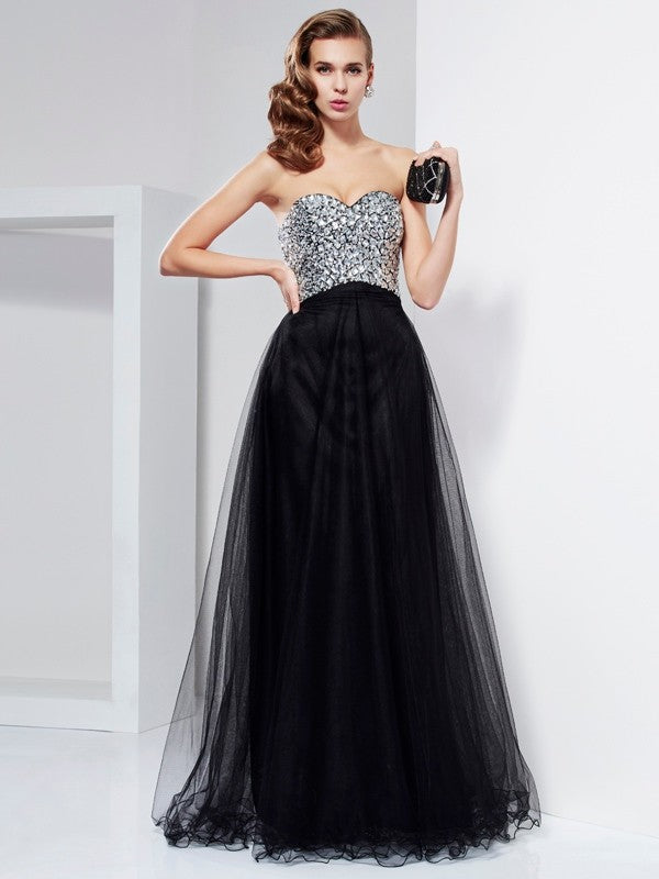 Vestido largo de satén tejido con cuentas y cristales, sin mangas, corte princesa/escote en forma de corazón
