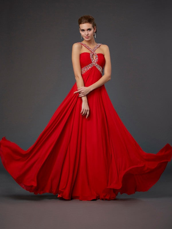 Red Chiffon Halter A-Line Floor-Length Evening Dress - Prom & Wedding Guest Gown