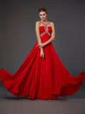 Red Chiffon Halter A-Line Floor-Length Evening Dress - Prom & Wedding Guest Gown