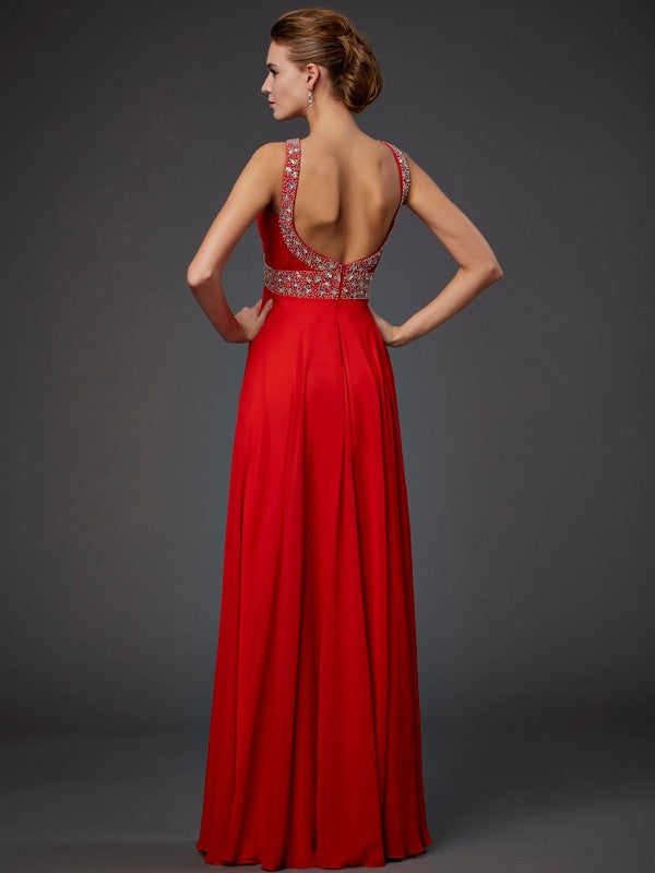 Abiti lunghi in chiffon con paillettes e perline, senza maniche, a tubino/colonna