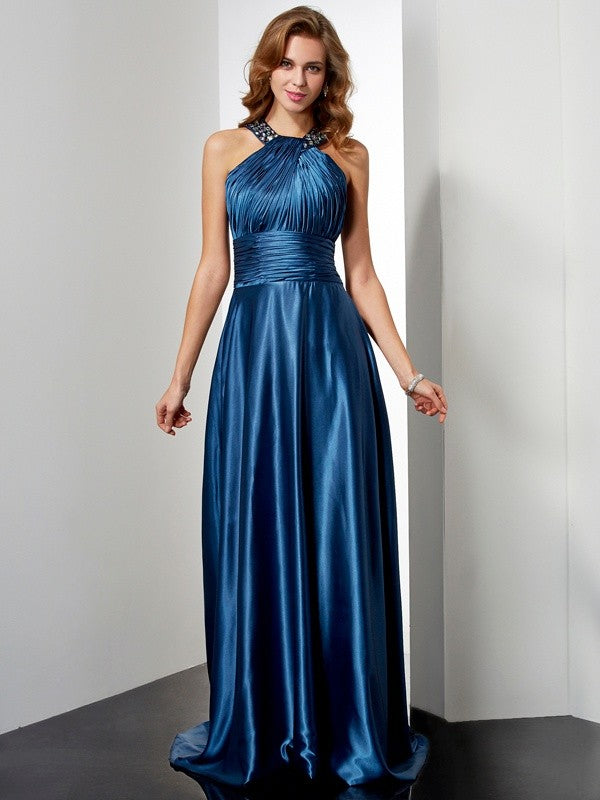 Royal Blue Satin A-Line Halter neckline Floor-Length Dress