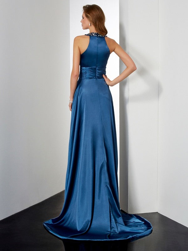Royal Blue Satin A-Line Halter neckline Floor-Length Dress