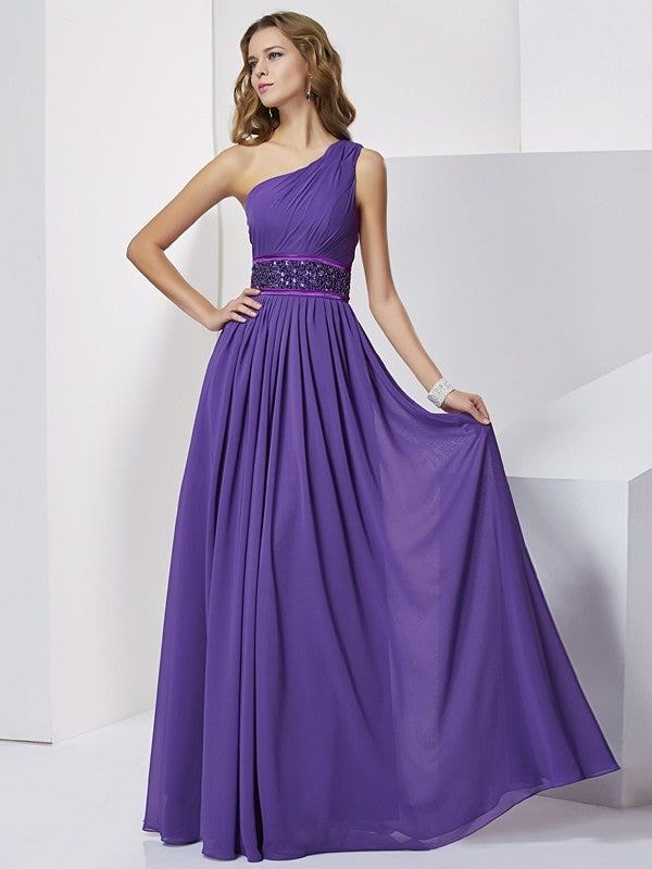 Purple Chiffon A-Line Floor-Length Bridesmaid Dress with One Shoulder and Beaded Waistband