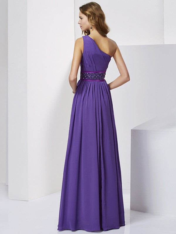 Purple Chiffon A-Line Floor-Length Bridesmaid Dress with One Shoulder and Beaded Waistband