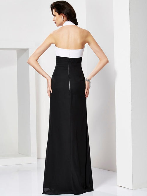 Black and White Halter A-Line Chiffon Floor-Length Dress
