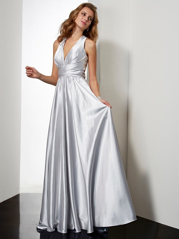 Silver Satin A-Line Floor-Length V-Neck Open Back Evening Dress
