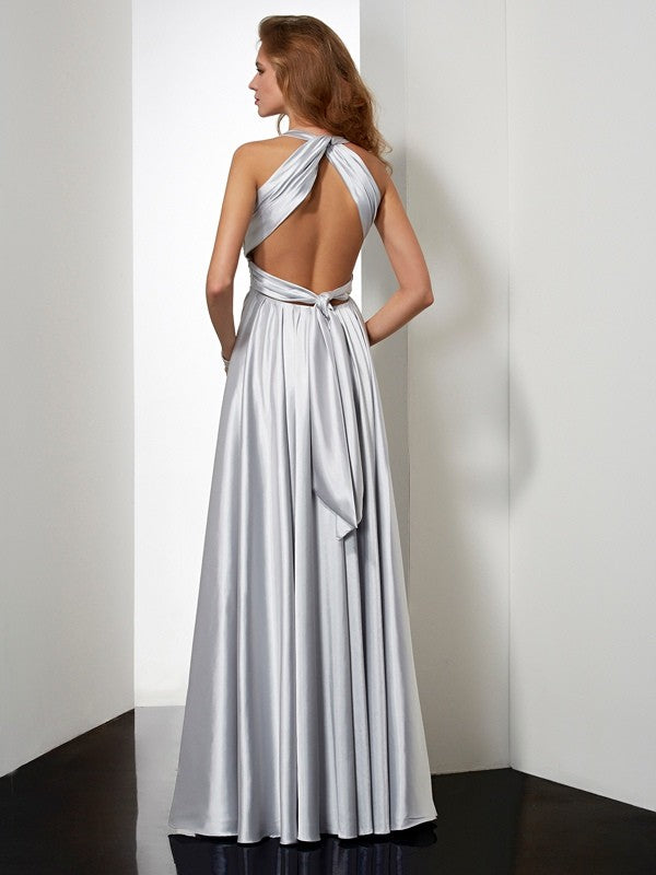 Silver Satin A-Line Floor-Length V-Neck Open Back Evening Dress