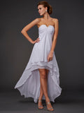 White Chiffon Asymmetrical Sweetheart Bridesmaid Dress with Ruched Bodice