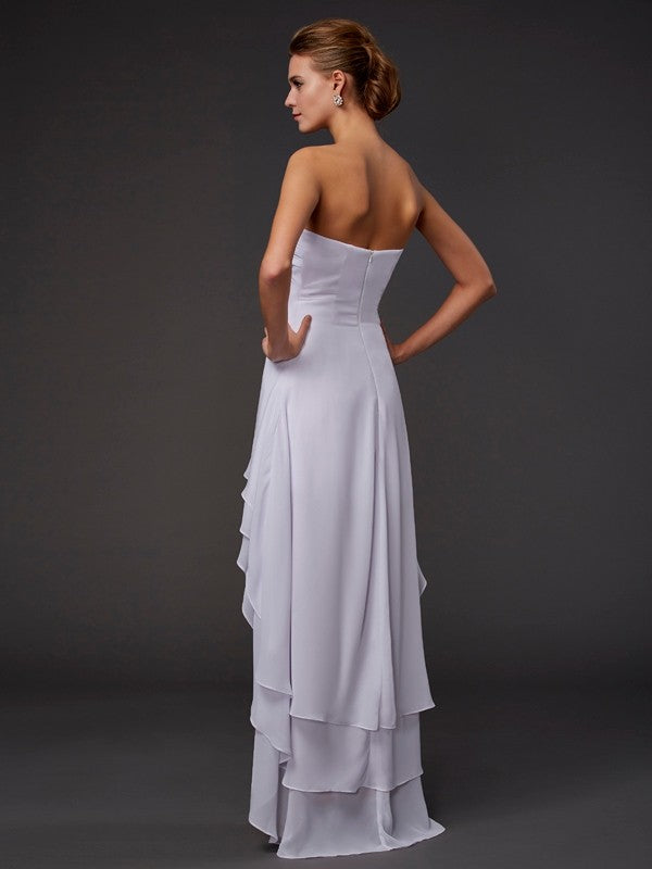 White Chiffon Asymmetrical Sweetheart Bridesmaid Dress with Ruched Bodice