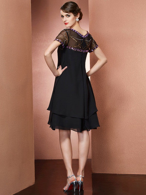 Vestidos de gasa cortos para madre de la novia, corte A/princesa, mangas cortas con escote redondo y abalorios