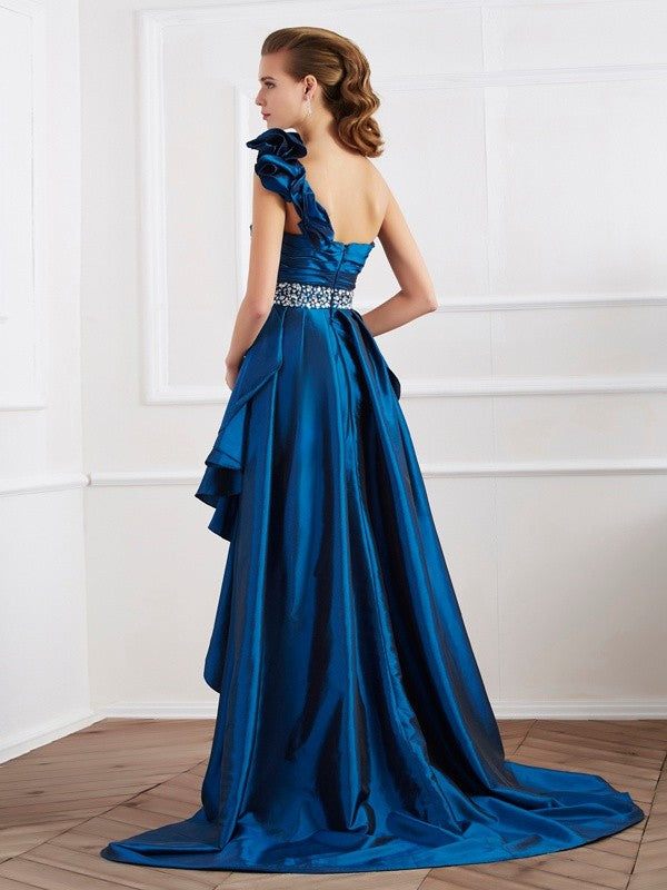 Vestidos de tafetán de corte A/princesa, sin mangas, con un solo hombro y cuentas, corte alto y bajo