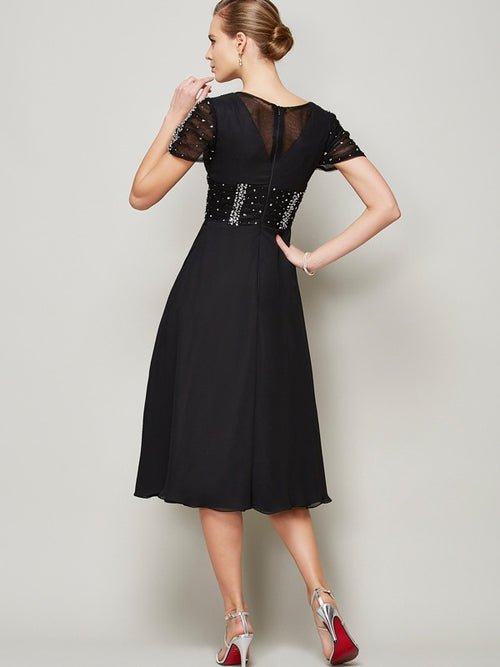 Black Chiffon V-Neck A-Line Tea-Length Dress with Pleated Bodice and Beaded Sleeves