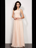 Blushing Pink Chiffon A-Line Halter Neck Floor-Length Bridesmaid Dress for Wedding Guests